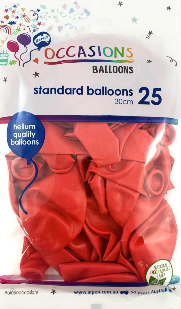 Buy Standard Red 30cm Balloons 25pk at NIS Packaging & Party Supply Brisbane, Logan, Gold Coast, Sydney, Melbourne, Australia