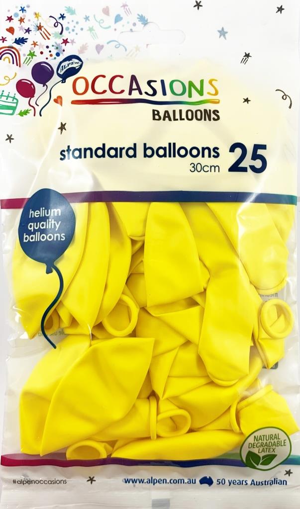 Buy Standard Yellow 30cm Balloons 25pk at NIS Packaging & Party Supply Brisbane, Logan, Gold Coast, Sydney, Melbourne, Australia