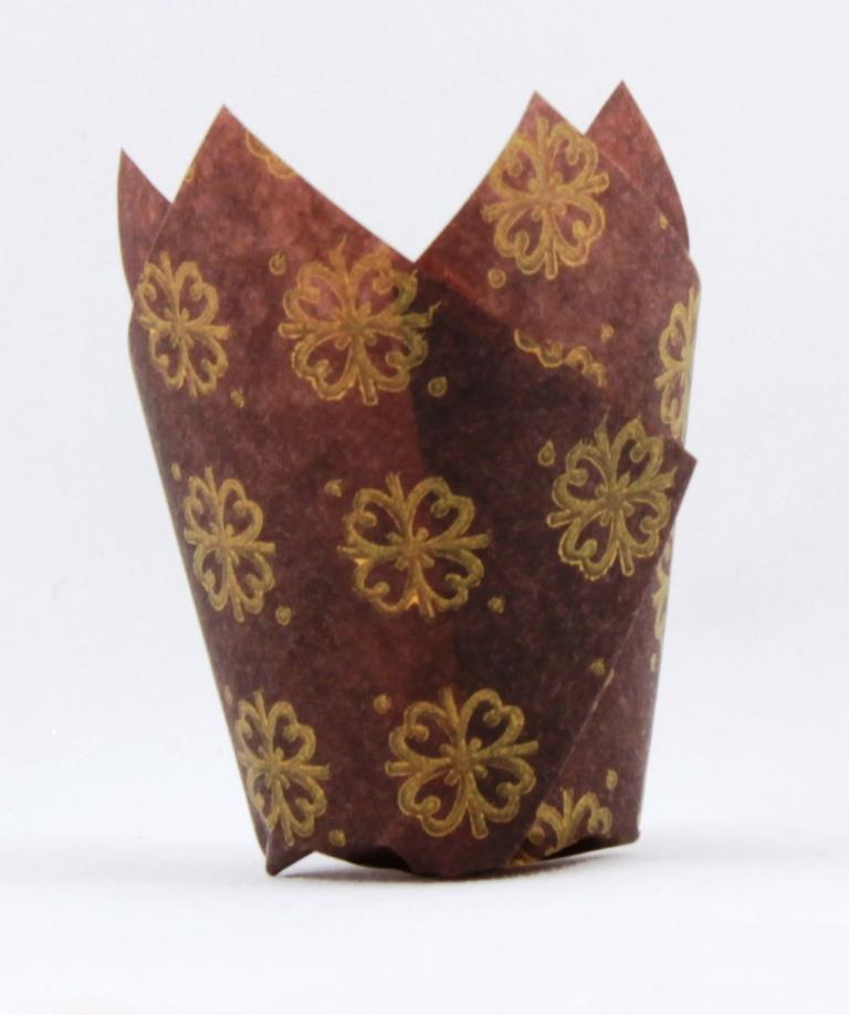 Buy Tulip Muffin Wrap GoldPrint Brown (60mmx30mm base) Pack 250 at NIS Packaging & Party Supply Brisbane, Logan, Gold Coast, Sydney, Melbourne, Australia